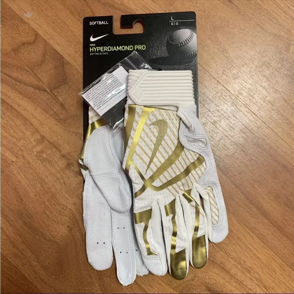 NWT Women's Nike Softball Hyperdiamond Pro Batting Gloves White Gold LARGE